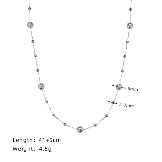 Picture of 1 Piece Stylish Simple Silver Tone Stainless Steel Ball Chain Imitation Pearl Sweater Necklace Long For Women 41cm(16.1") long