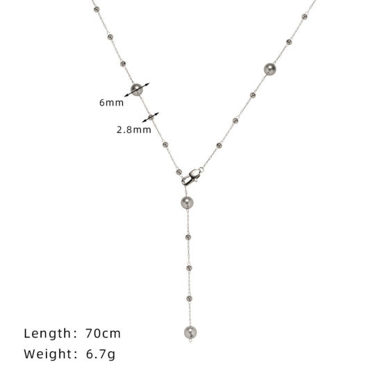 Picture of 1 Piece Stylish Simple Silver Tone Stainless Steel Ball Chain Imitation Pearl Sweater Necklace Long For Women 70cm(27.6") long