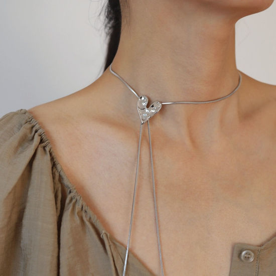 Picture of 1 Piece Stylish Simple Silver Tone Stainless Steel Flat Snake Chain Heart Adjustable Sweater Necklace Long For Women 87cm(34 2/8") long