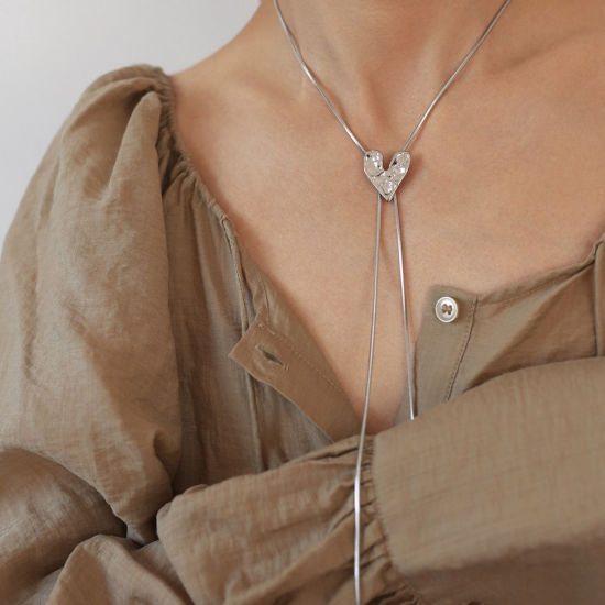 Picture of 1 Piece Stylish Simple Silver Tone Stainless Steel Flat Snake Chain Heart Adjustable Sweater Necklace Long For Women 87cm(34 2/8") long