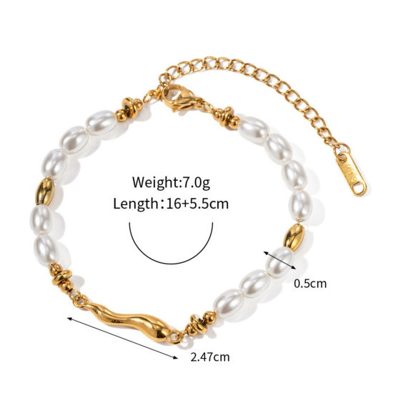 Picture of 1 Piece Eco-friendly PVD Vacuum Plating Ins Style 18K Real Gold Plated Stainless Steel Imitation Pearl Bracelets For Women 16cm(6.3") long