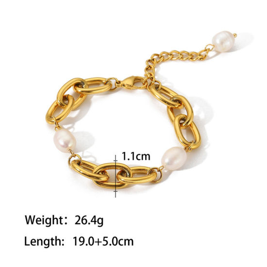 Picture of 1 Piece Eco-friendly PVD Vacuum Plating Ins Style 18K Real Gold Plated Stainless Steel Imitation Pearl Bracelets For Women 19cm(7.5") long