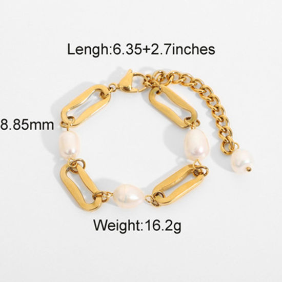 Picture of 1 Piece Eco-friendly PVD Vacuum Plating Ins Style 18K Real Gold Plated Stainless Steel Imitation Pearl Bracelets For Women 16cm(6.3") long