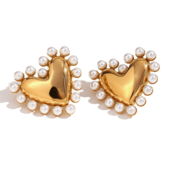 Изображение 1 Pair Eco-friendly PVD Vacuum Plating Stylish Ins Style 18K Real Gold Plated Stainless Steel Heart Imitation Pearl Ear Post Stud Earrings For Women 3.7cm x 27.8mm