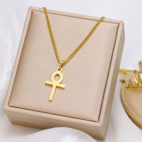 Picture of 1 Piece Stylish Simple 18K Gold Plated Stainless Steel Curb Link Chain Ankh Egyptian Cross Necklace Unisex 45cm(17.7") long