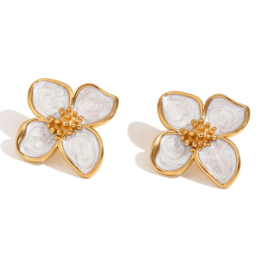 Picture of 1 Pair Eco-friendly PVD Vacuum Plating Stylish Ins Style 18K Real Gold Plated Stainless Steel Flower Enamel Ear Post Stud Earrings For Women 3.7cm x 3.4cm