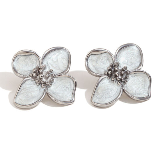 Picture of 1 Pair Stylish Ins Style Silver Tone Stainless Steel Flower Enamel Ear Post Stud Earrings For Women 3.7cm x 3.4cm