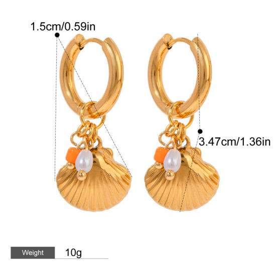 Picture of 1 Pair Eco-friendly PVD Vacuum Plating Sweet & Cute 18K Real Gold Plated Stainless Steel Shell Earrings For Women 3.5cm x 1.5cm