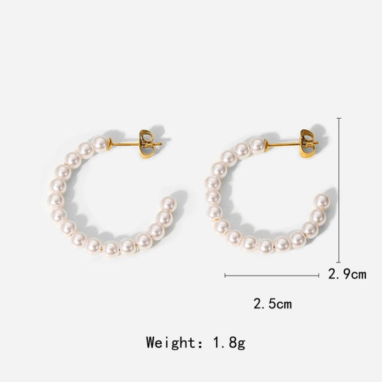 Picture of 1 Pair Eco-friendly PVD Vacuum Plating Stylish Ins Style 18K Real Gold Plated Stainless Steel C Shaped Imitation Pearl Hoop Earrings For Women 29mm x 25mm