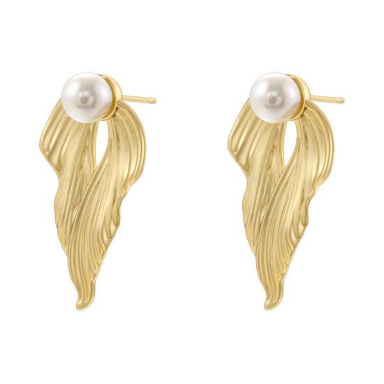 Picture of 1 Pair Retro Ocean Jewelry 18K Gold Plated Brass Fishtail Imitation Pearl Ear Post Stud Earrings 3.4cm x 1.9cm