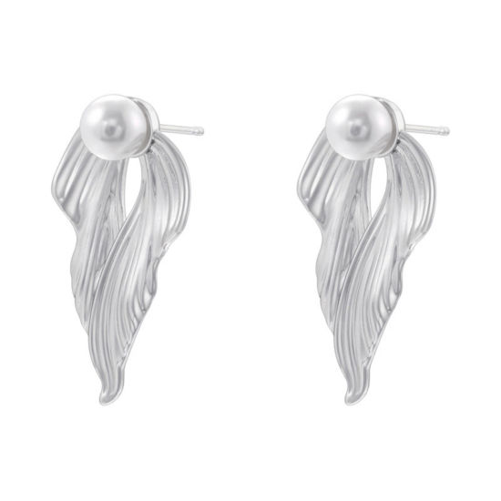 Picture of 1 Pair Retro Ocean Jewelry Platinum Plated Brass Fishtail Imitation Pearl Ear Post Stud Earrings 3.4cm x 1.9cm