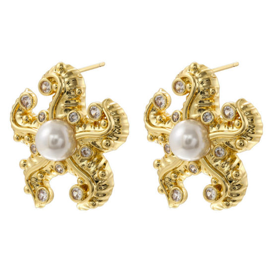 Picture of 1 Pair Retro Ocean Jewelry 18K Gold Plated Brass Star Fish Imitation Pearl Ear Post Stud Earrings 28.5mm x 27mm