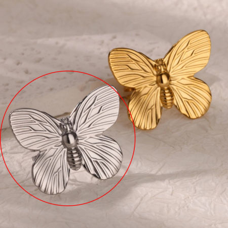 Imagen de 1 Unidad Elegante Estilo Pastoral Tono de Plata 304 Acero Inoxidable Abierto Mariposa Anillos Para Mujeres 18mm (US Size 7.75)