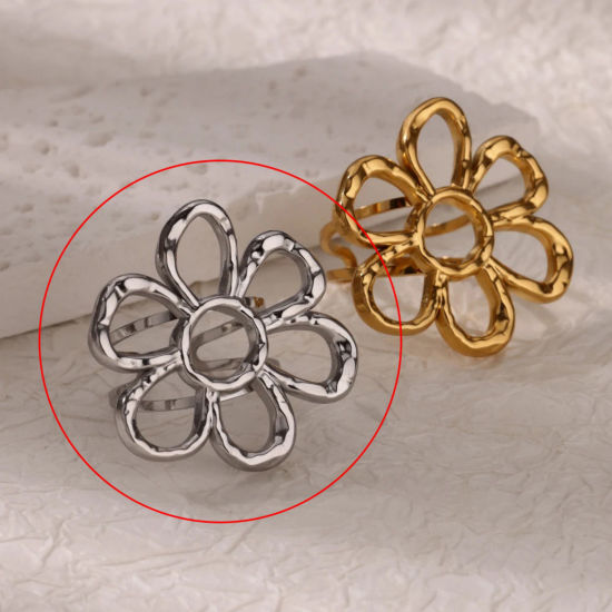 Image de 1 Pièce Bagues Ouvert Style Pastoral en 304 Acier Inoxydable À la Mode Argent Mat Fleur Creux Pour Femmes 18mm (Taille d'US 7.75)