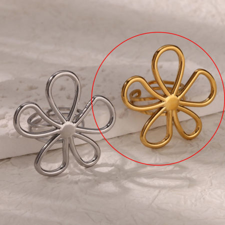 Imagen de 1 Unidad Recubrimiento al Vacío PVD Ecológico Elegante Estilo Pastoral Chapado en Oro de 18K 304 Acero Inoxidable Abierto Flor Hueco Anillos Para Mujeres 18mm (US Size 7.75)