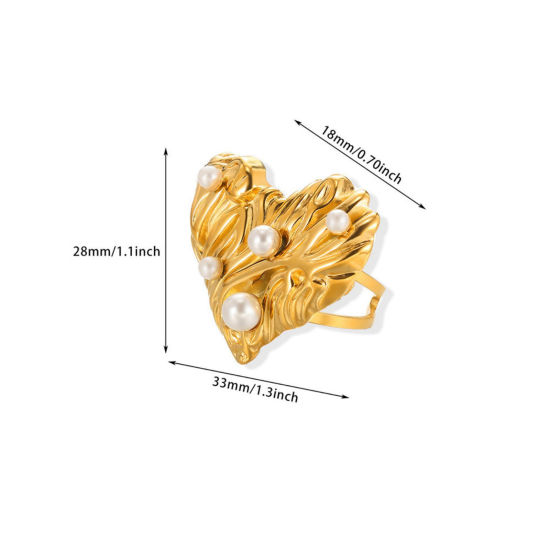 Image de 1 Pièce Bagues Ouvert Exquis en 304 Acier Inoxydable Revêtement sous Vide PVD Respectueux de l'Environnement À la Mode Plaqué Or 18K Cœur Imitation Perles Pour Femmes 18mm (Taille d'US 7.75)