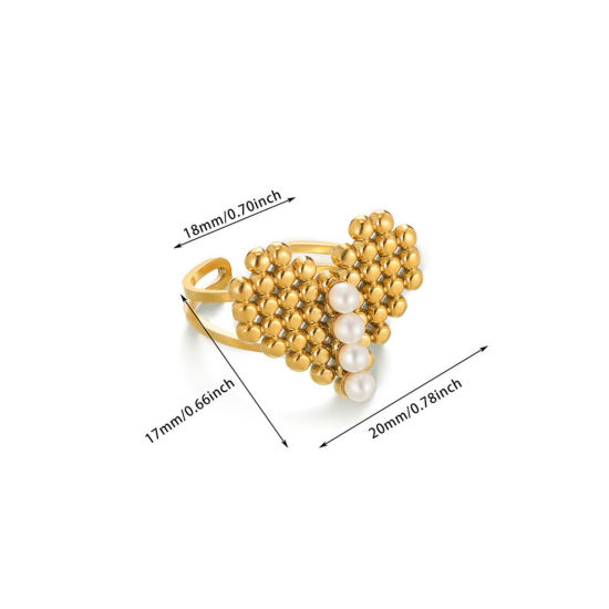 Picture of 1 Piece Eco-friendly PVD Vacuum Plating Stylish Exquisite 18K Gold Plated 304 Stainless Steel Open Heart Imitation Pearl Rings For Women 18mm(US Size 7.75)