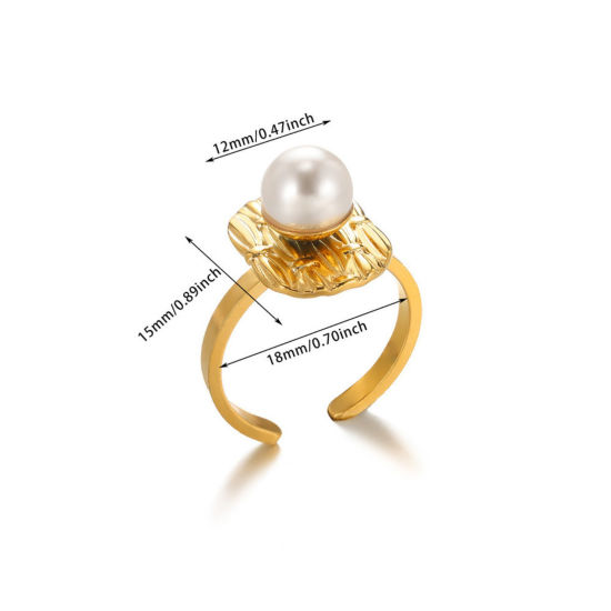 Picture of 1 Piece Eco-friendly PVD Vacuum Plating Stylish Exquisite 18K Gold Plated 304 Stainless Steel Open Imitation Pearl Rings For Women 18mm(US Size 7.75)