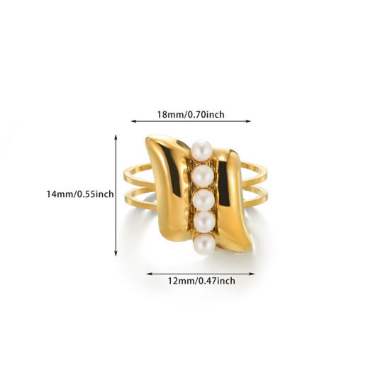 Image de 1 Pièce Bagues Ouvert Exquis en 304 Acier Inoxydable Revêtement sous Vide PVD Respectueux de l'Environnement À la Mode Plaqué Or 18K Imitation Perles Pour Femmes 18mm (Taille d'US 7.75)