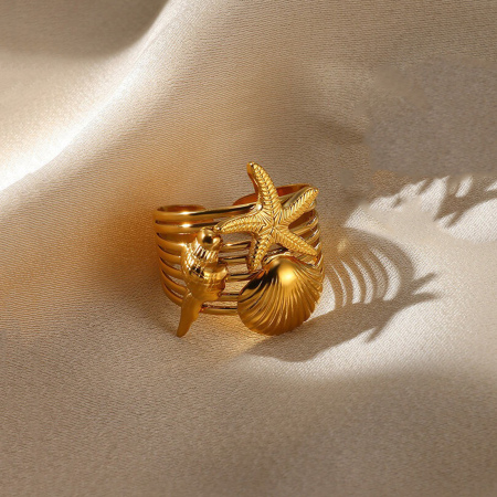 Imagen de 1 Unidad Recubrimiento al Vacío PVD Ecológico Elegante Joyería del océano Chapado en Oro de 18K 304 Acero Inoxidable Abierto Estrella de mar Concha Anillos Para Mujeres 17mm (US size 6.5)