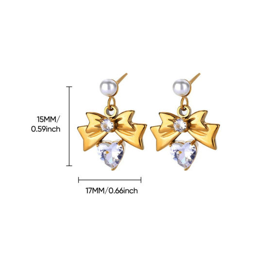 Image de 1 Paire Boucles d'Oreilles Puces en 304 Acier Inoxydable & Strass Revêtement sous Vide PVD Respectueux de l'Environnement À la Mode Nœuds Papillon Plaqué Or 18K Transparent Imitation Perles La Saint-Valentin Pour Femmes 15mm x 17mm