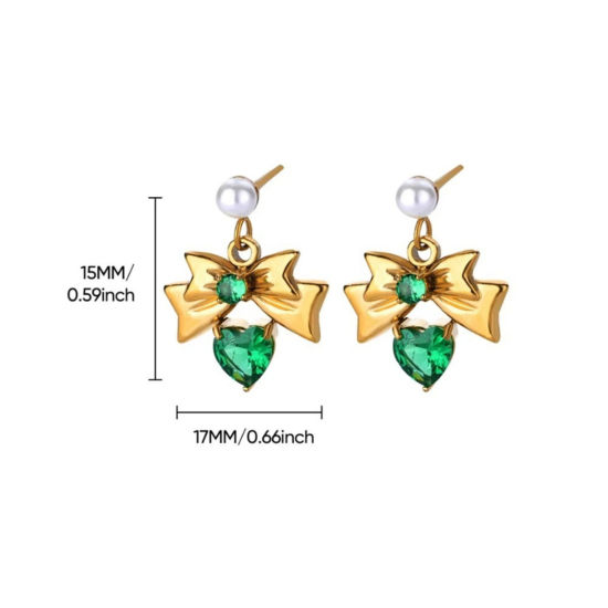 Image de 1 Paire Boucles d'Oreilles Puces en 304 Acier Inoxydable & Strass Revêtement sous Vide PVD Respectueux de l'Environnement À la Mode Nœuds Papillon Plaqué Or 18K Vert Imitation Perles La Saint-Valentin Pour Femmes 15mm x 17mm