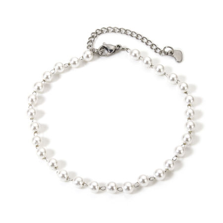 Picture of 1 Piece Eco-friendly Dainty Stylish Silver Tone 304 Stainless Steel & Acrylic Handmade Link Chain Imitation Pearl Anklet For Women 23cm(9") long