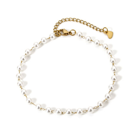 Picture of 1 Piece Eco-friendly Dainty Stylish 18K Gold Plated 304 Stainless Steel & Acrylic Handmade Link Chain Imitation Pearl Anklet For Women 23cm(9") long