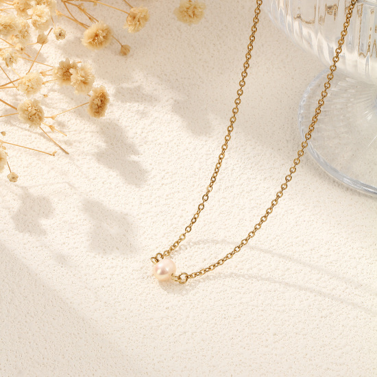 Immagine di 1 Pz Placcatura Sottovuoto PVD Ecologica Elegante Elegante Oro Placcato Beige come Pesca Acciaio Inossidabile 304 & Perla Naturale Catena a Cavo Baroque Collana con Ciondolo Per Donne Regalo 47cm + 5cm Lunghezza