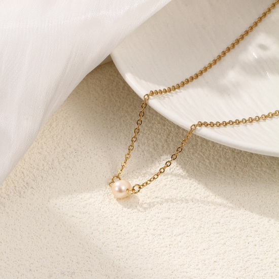 Immagine di 1 Pz Placcatura Sottovuoto PVD Ecologica Elegante Elegante Oro Placcato Beige come Pesca Acciaio Inossidabile 304 & Perla Naturale Catena a Cavo Baroque Collana con Ciondolo Per Donne Regalo 47cm + 5cm Lunghezza