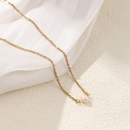 Immagine di 1 Pz Placcatura Sottovuoto PVD Ecologica Elegante Elegante Oro Placcato Beige come Pesca Acciaio Inossidabile 304 & Perla Naturale Catena a Cavo Baroque Collana con Ciondolo Per Donne Regalo 47cm + 5cm Lunghezza