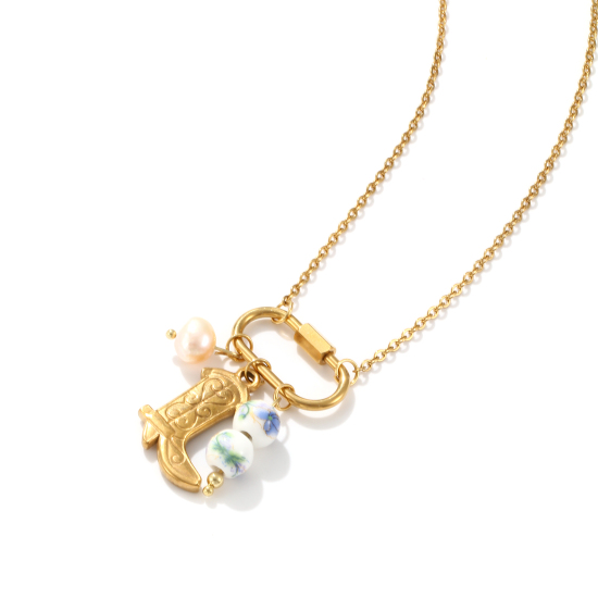 Изображение 1 ШТ Экологичное вакуумное PVD-покрытие Изысканный Западный ковбой Позолоченный Темно-персиковый Нержавеющая сталь 304 и натуральный жемчуг Кабельные Цепи Ботинок Ожерелье с подвеской Для женщин подарок 48см + 5см длина