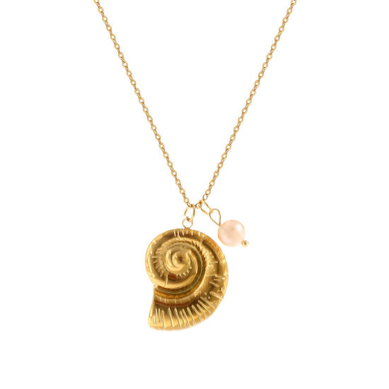 Picture of 1 Piece Eco-friendly PVD Vacuum Plating Baroque Ocean Jewelry 18K Real Gold Plated 304 Stainless Steel & Natural Pearl Link Cable Chain Conch/ Sea Snail Pendant Charm Necklace For Women Gift 45cm(17.7") + 5cm(2") long