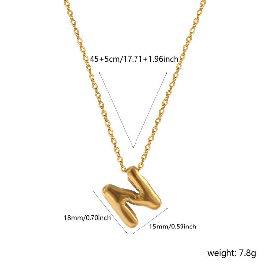 Picture of 1 Piece Eco-friendly Vacuum Plating Minimalist Stylish 18K Real Gold Plated 304 Stainless Steel Link Cable Chain Capital Alphabet Initial Letter Message " N " Pendant Charm Necklace Unisex Gift 45cm(17.7") + 5cm(2") long