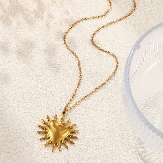 Picture of 1 Piece Eco-friendly PVD Vacuum Plating Bohemia Boho Religious 18K Real Gold Plated 304 Stainless Steel Link Cable Chain Ex Voto Heart Pendant Charm Necklace Unisex Gift 45cm(17.7") + 5cm(2") long