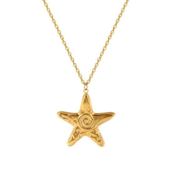 Bild von 1 Strang Umweltfreundliche PVD-Vakuumbeschichtung Stilvoll Ozean Schmuck 18K Echtgold plattiert 304 Edelstahl Kreuz Gliederketten Seesterne Helix Anhänger Halskette Unisex Geschenk 45cm + 5cm lang