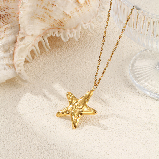 Bild von 1 Strang Umweltfreundliche PVD-Vakuumbeschichtung Stilvoll Ozean Schmuck 18K Echtgold plattiert 304 Edelstahl Kreuz Gliederketten Seesterne Helix Anhänger Halskette Unisex Geschenk 45cm + 5cm lang