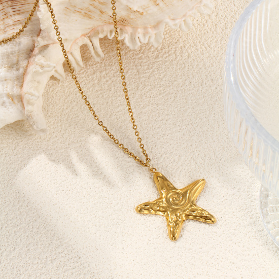Bild von 1 Strang Umweltfreundliche PVD-Vakuumbeschichtung Stilvoll Ozean Schmuck 18K Echtgold plattiert 304 Edelstahl Kreuz Gliederketten Seesterne Helix Anhänger Halskette Unisex Geschenk 45cm + 5cm lang