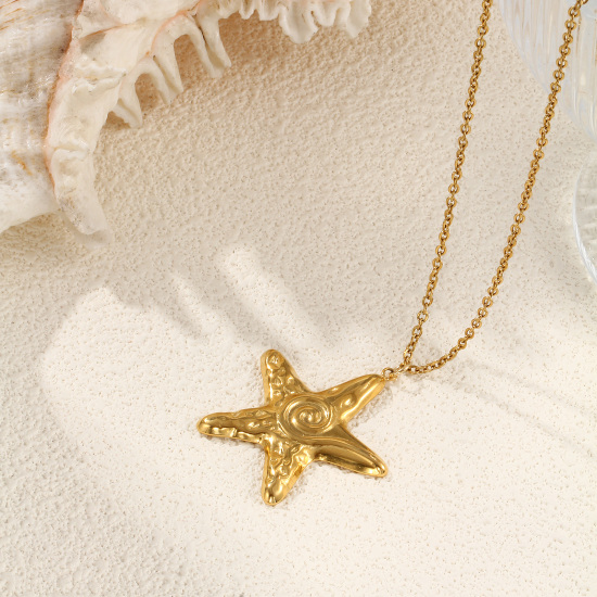 Bild von 1 Strang Umweltfreundliche PVD-Vakuumbeschichtung Stilvoll Ozean Schmuck 18K Echtgold plattiert 304 Edelstahl Kreuz Gliederketten Seesterne Helix Anhänger Halskette Unisex Geschenk 45cm + 5cm lang