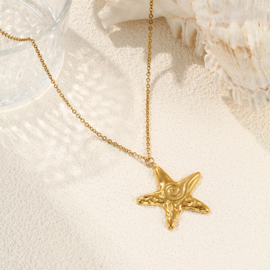 Bild von 1 Strang Umweltfreundliche PVD-Vakuumbeschichtung Stilvoll Ozean Schmuck 18K Echtgold plattiert 304 Edelstahl Kreuz Gliederketten Seesterne Helix Anhänger Halskette Unisex Geschenk 45cm + 5cm lang