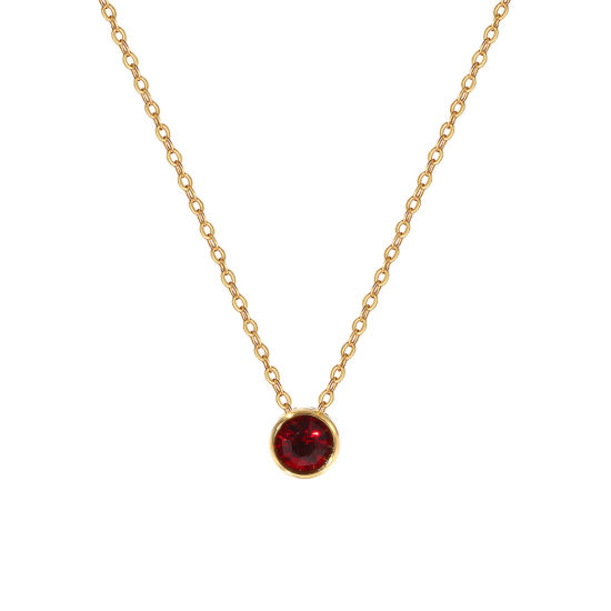 Bild von 1 Piece Eco-friendly PVD Vacuum Plating Exquisite Birthstone 18K Real Gold Plated Dark Red 304 Stainless Steel & Rhinestone Link Cable Chain Round January Pendant Charm Necklace For Women Gift 45cm(17.7") + 5cm(2") long