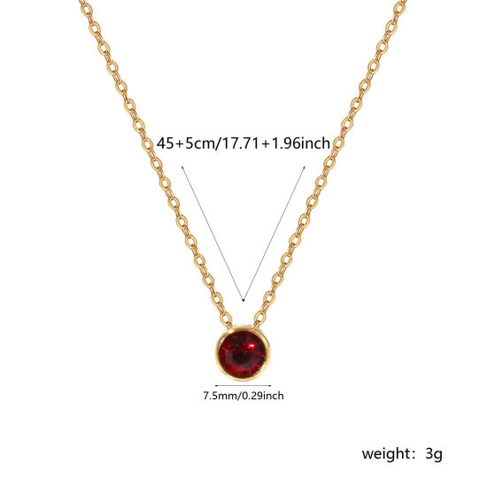 Bild von 1 Piece Eco-friendly PVD Vacuum Plating Exquisite Birthstone 18K Real Gold Plated Dark Red 304 Stainless Steel & Rhinestone Link Cable Chain Round January Pendant Charm Necklace For Women Gift 45cm(17.7") + 5cm(2") long