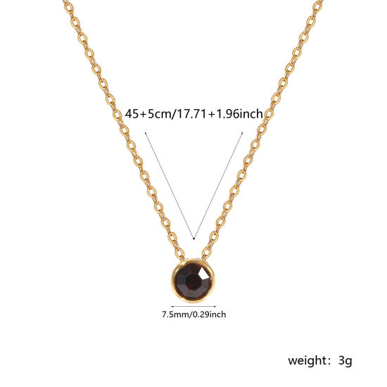Bild von 1 Piece Eco-friendly PVD Vacuum Plating Exquisite Birthstone 18K Real Gold Plated Dark Purple 304 Stainless Steel & Rhinestone Link Cable Chain Round February Pendant Charm Necklace For Women Gift 45cm(17.7") + 5cm(2") long