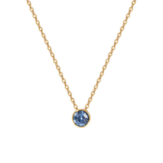 Bild von 1 Piece Eco-friendly PVD Vacuum Plating Exquisite Birthstone 18K Real Gold Plated Skyblue 304 Stainless Steel & Rhinestone Link Cable Chain Round March Pendant Charm Necklace For Women Gift 45cm(17.7") + 5cm(2") long