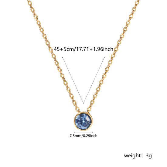 Bild von 1 Piece Eco-friendly PVD Vacuum Plating Exquisite Birthstone 18K Real Gold Plated Skyblue 304 Stainless Steel & Rhinestone Link Cable Chain Round March Pendant Charm Necklace For Women Gift 45cm(17.7") + 5cm(2") long