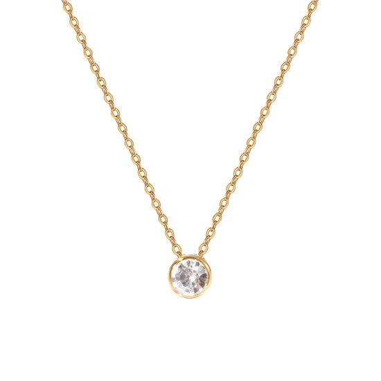 Bild von 1 Piece Eco-friendly PVD Vacuum Plating Exquisite Birthstone 18K Real Gold Plated Transparent Clear 304 Stainless Steel & Rhinestone Link Cable Chain Round April Pendant Charm Necklace For Women Gift 45cm(17.7") + 5cm(2") long