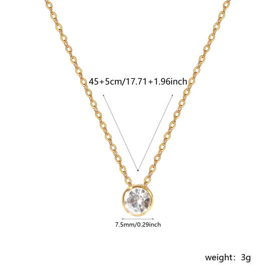 Bild von 1 Piece Eco-friendly PVD Vacuum Plating Exquisite Birthstone 18K Real Gold Plated Transparent Clear 304 Stainless Steel & Rhinestone Link Cable Chain Round April Pendant Charm Necklace For Women Gift 45cm(17.7") + 5cm(2") long
