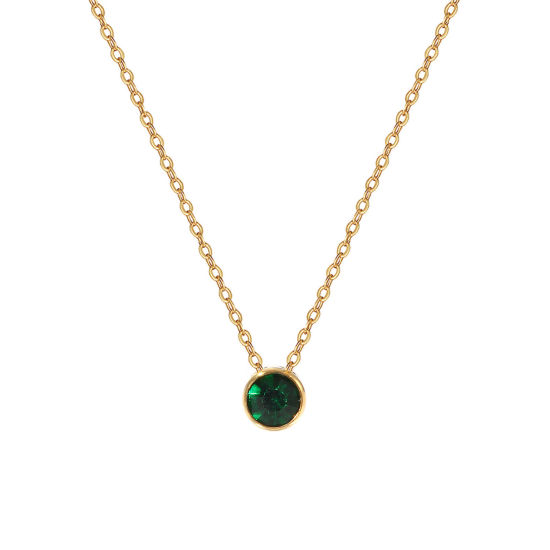 Bild von 1 Piece Eco-friendly PVD Vacuum Plating Exquisite Birthstone 18K Real Gold Plated Dark Green 304 Stainless Steel & Rhinestone Link Cable Chain Round May Pendant Charm Necklace For Women Gift 45cm(17.7") + 5cm(2") long