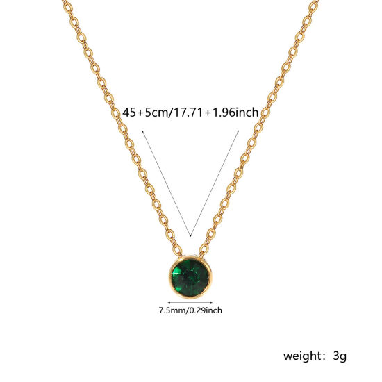 Bild von 1 Piece Eco-friendly PVD Vacuum Plating Exquisite Birthstone 18K Real Gold Plated Dark Green 304 Stainless Steel & Rhinestone Link Cable Chain Round May Pendant Charm Necklace For Women Gift 45cm(17.7") + 5cm(2") long
