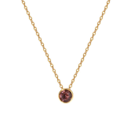 Bild von 1 Piece Eco-friendly PVD Vacuum Plating Exquisite Birthstone 18K Real Gold Plated Mauve 304 Stainless Steel & Rhinestone Link Cable Chain Round June Pendant Charm Necklace For Women Gift 45cm(17.7") + 5cm(2") long